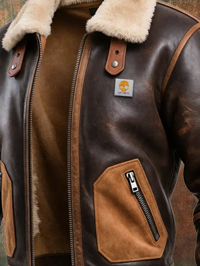 MAISON CLÉMENT PARIS™ | BROWN LEATHER WARM JACKET WITH SHERPA COLLAR