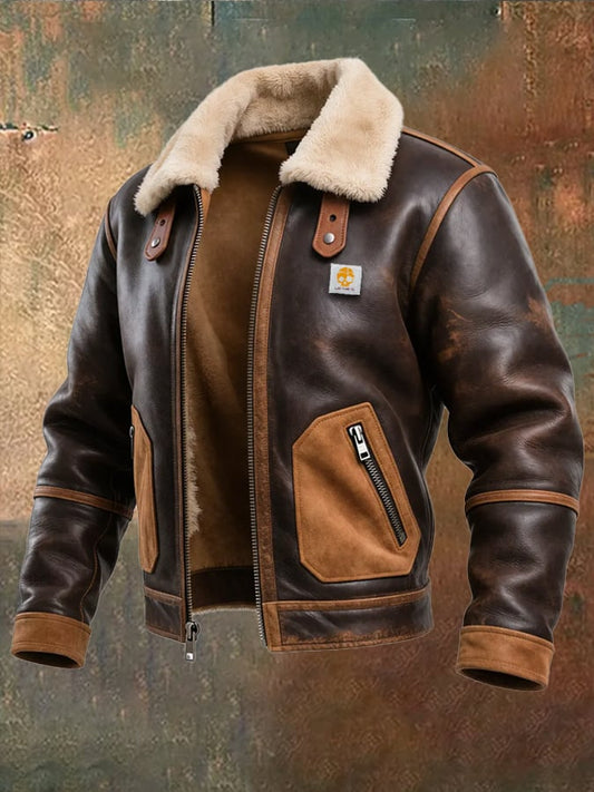 MAISON CLÉMENT PARIS™ | BROWN LEATHER WARM JACKET WITH SHERPA COLLAR